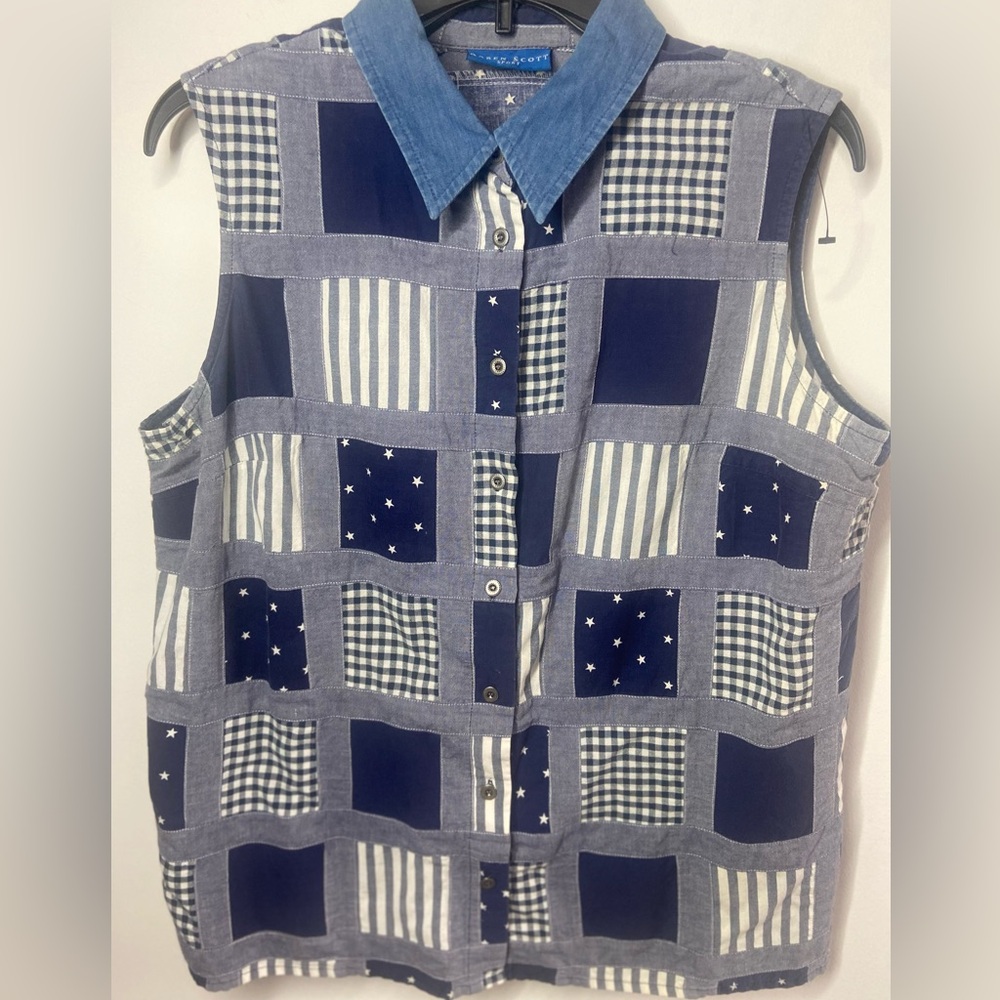 Karen Scott Blue Patchwork Button-Up Shirt